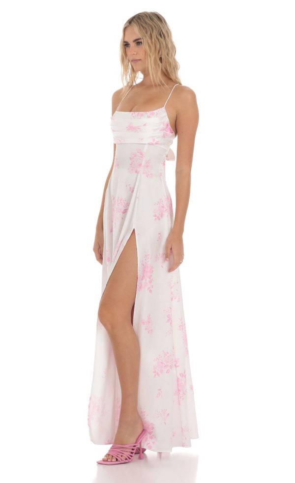 Satin Floral Maxi Dress in White - Image 3