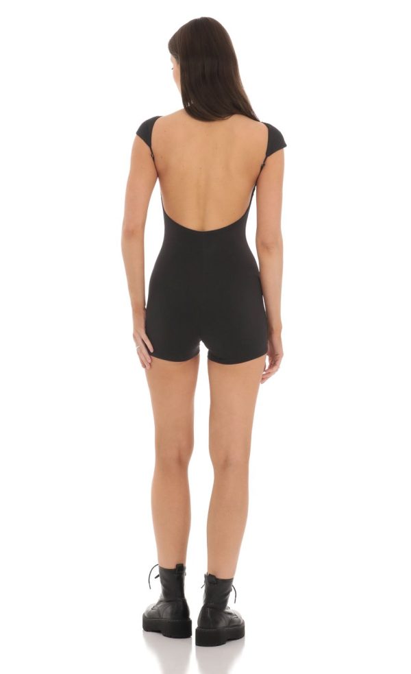 Open Back Bodycon Romper in Black
