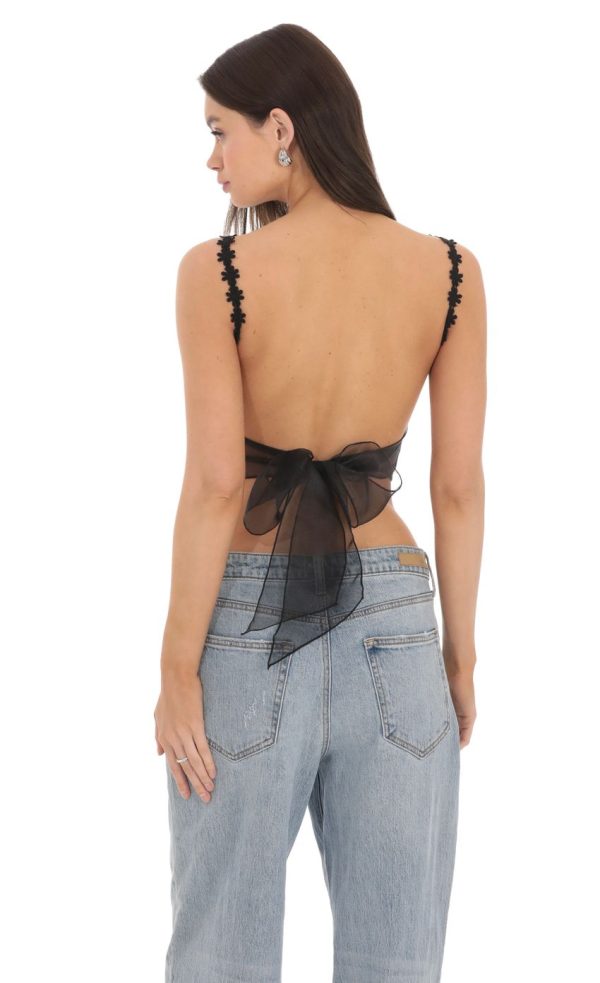 Floral Embroidered Open Back Top in Black