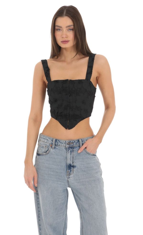 Embroidered Floral Pointed Top in Black