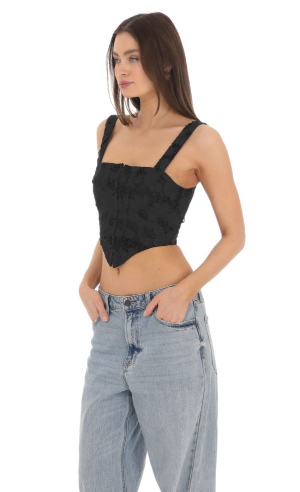 Embroidered Floral Pointed Top in Black - Image 3