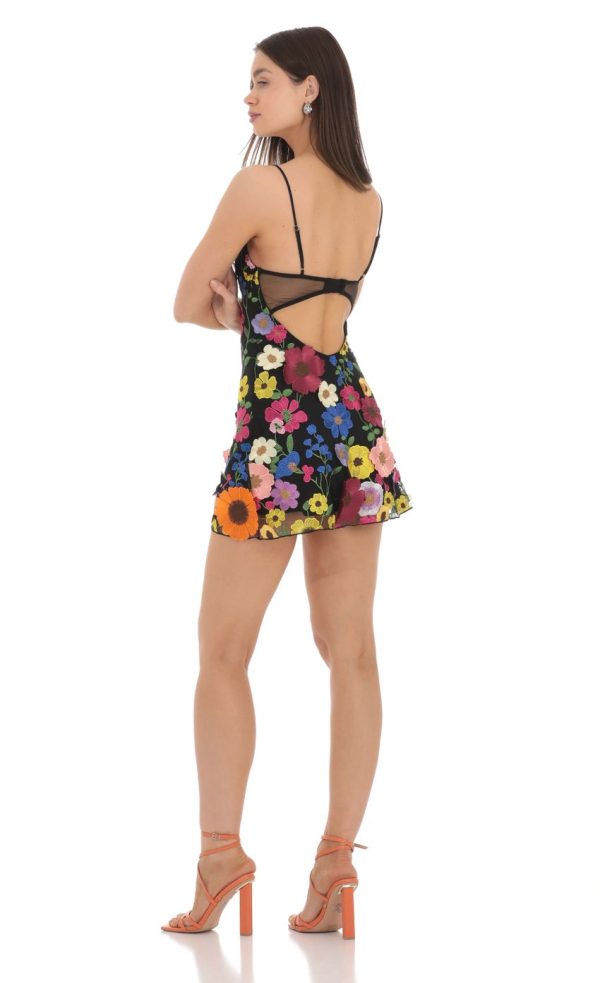 3-D Flower V-Neck Dress in Black - Image 2