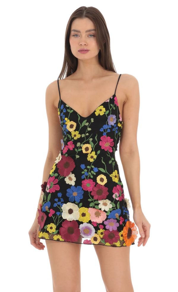 3-D Flower V-Neck Dress in Black - Image 4