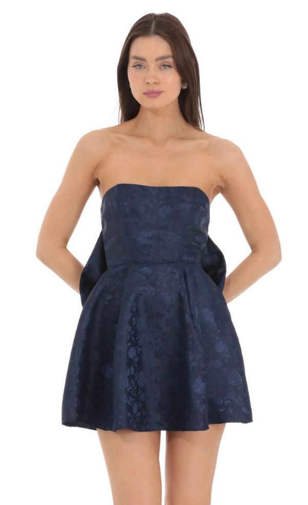 Back Bow Jacquard Corset Dress in Navy - Image 4