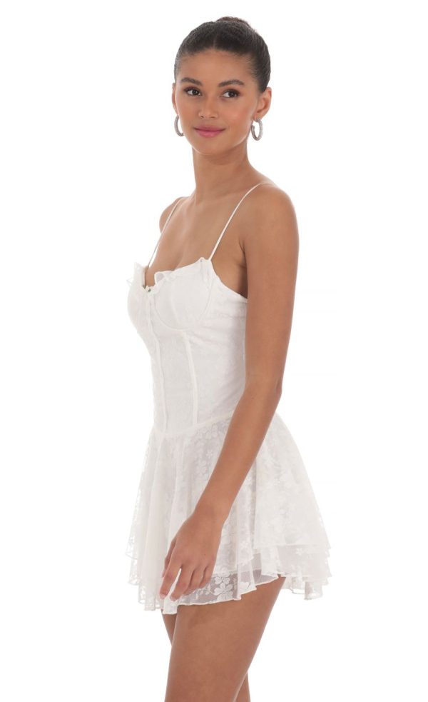 Lace Floral A-Line Dress in White - Image 3