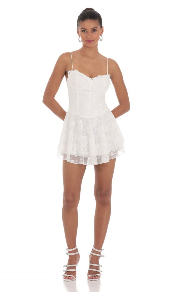 Lace Floral A-Line Dress in White - Image 4