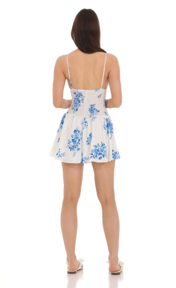 Blue Floral Smocked Ruffle Dress in White - Image 2
