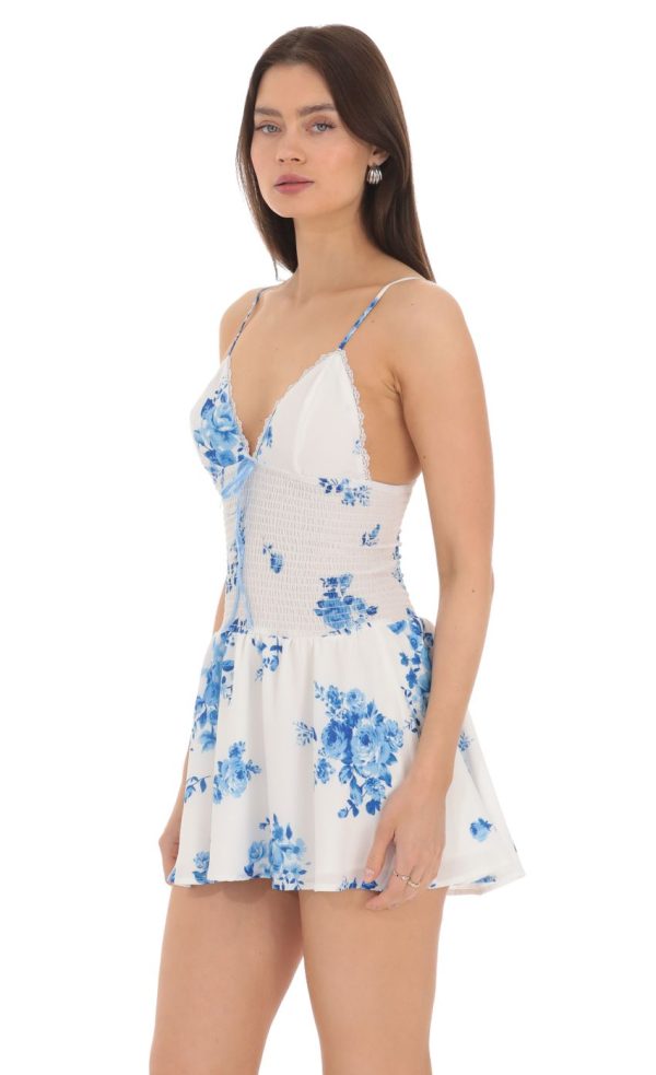 Blue Floral Smocked Ruffle Dress in White - Image 3