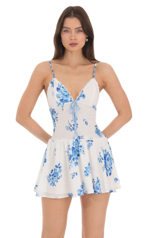 Blue Floral Smocked Ruffle Dress in White - Image 4