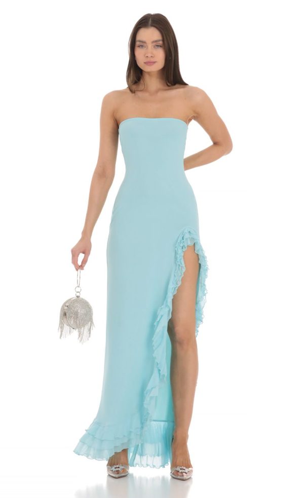 Strapless Mesh Ruffle Maxi Dress in Aqua Blue
