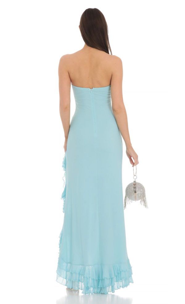 Strapless Mesh Ruffle Maxi Dress in Aqua Blue - Image 2