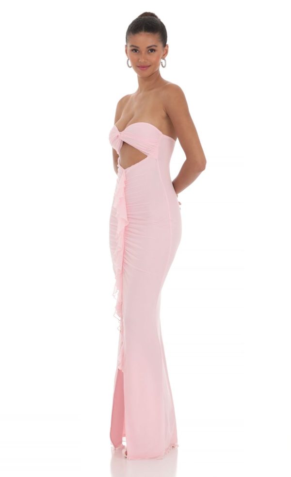 Mesh Cutout Ruffle Maxi Dress in Pink - Image 3