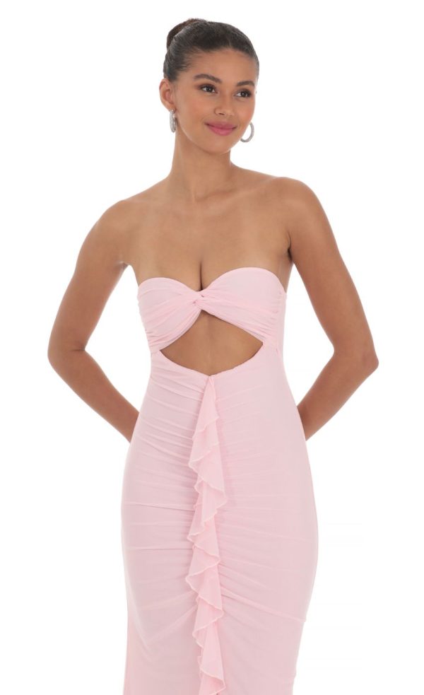 Mesh Cutout Ruffle Maxi Dress in Pink - Image 4