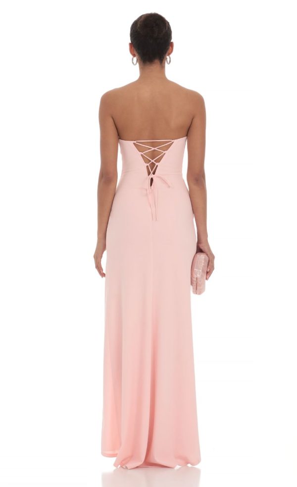 Ruched Strapless Corset Maxi Dress in Pink - Image 2