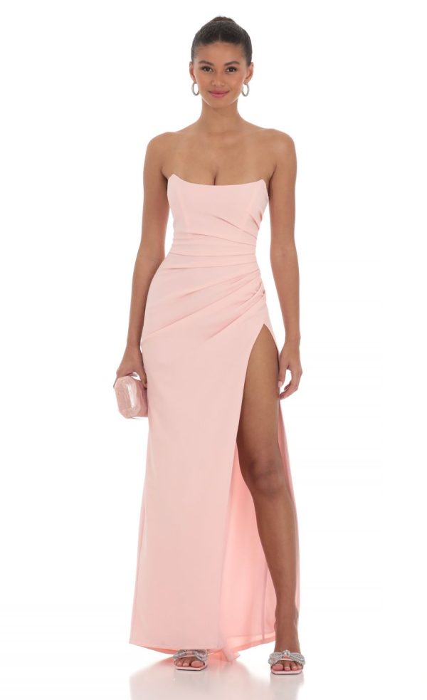 Ruched Strapless Corset Maxi Dress in Pink - Image 3