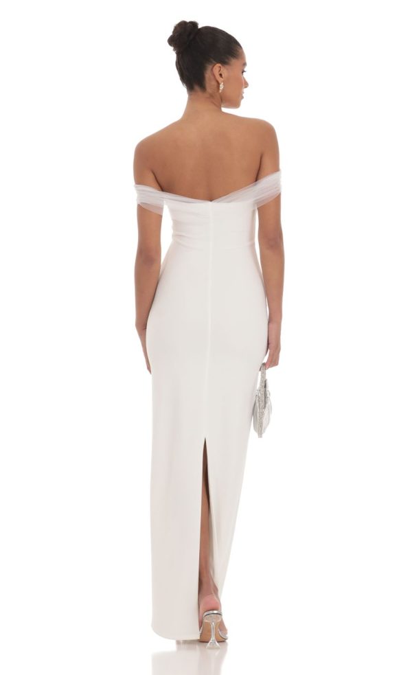 Tulle Off Shoulder Sleeve Maxi Dress in White - Image 2