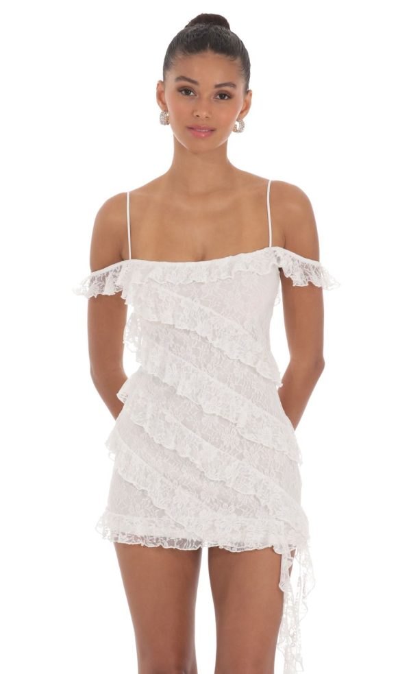Lace Off Shoulder Ruffle Dress in White - Image 2