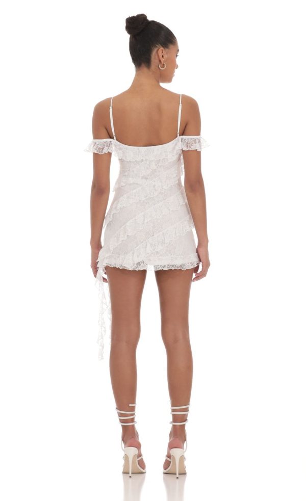 Lace Off Shoulder Ruffle Dress in White - Image 3