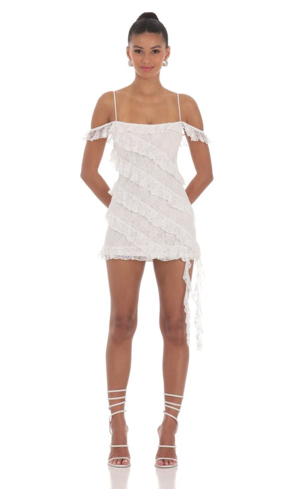 Lace Off Shoulder Ruffle Dress in White - Image 4