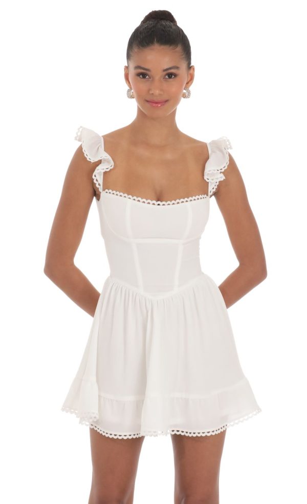 Embroidered Trim A-line Dress in White