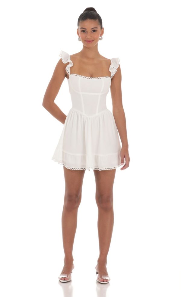 Embroidered Trim A-line Dress in White - Image 4