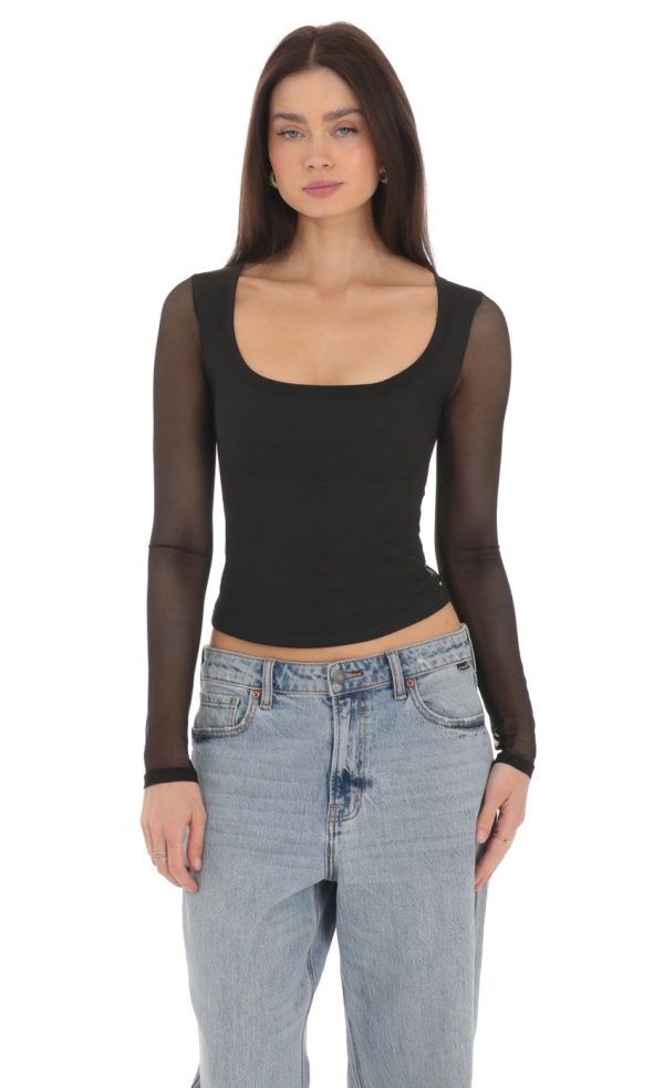 Mesh Scoop Long Sleeve Top in Black