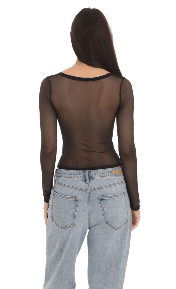Mesh Scoop Long Sleeve Top in Black - Image 2
