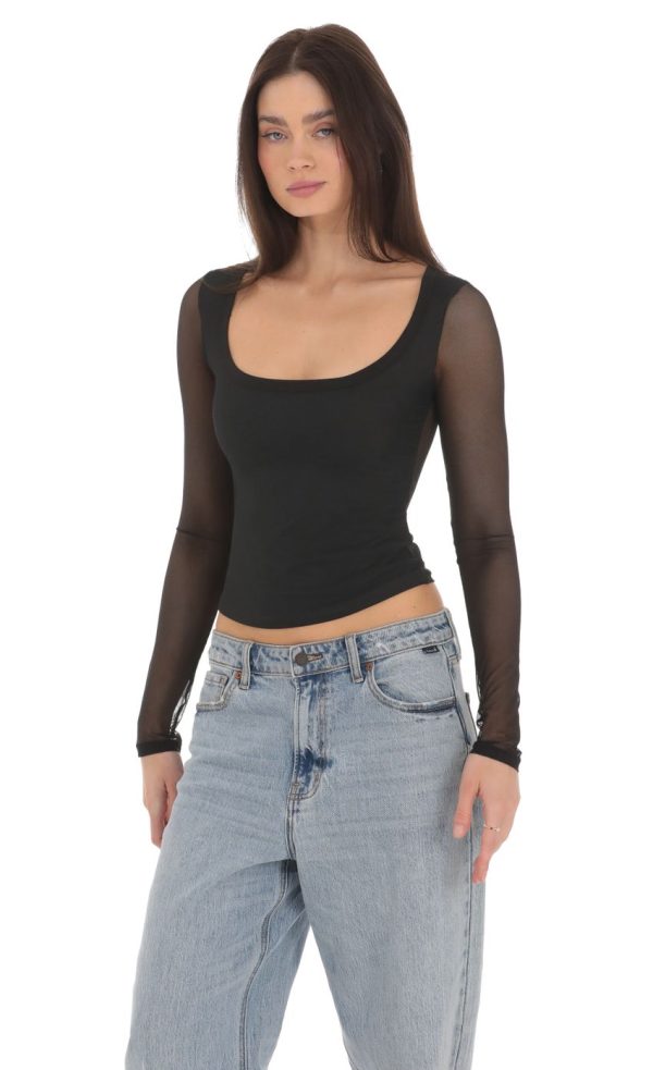 Mesh Scoop Long Sleeve Top in Black - Image 3