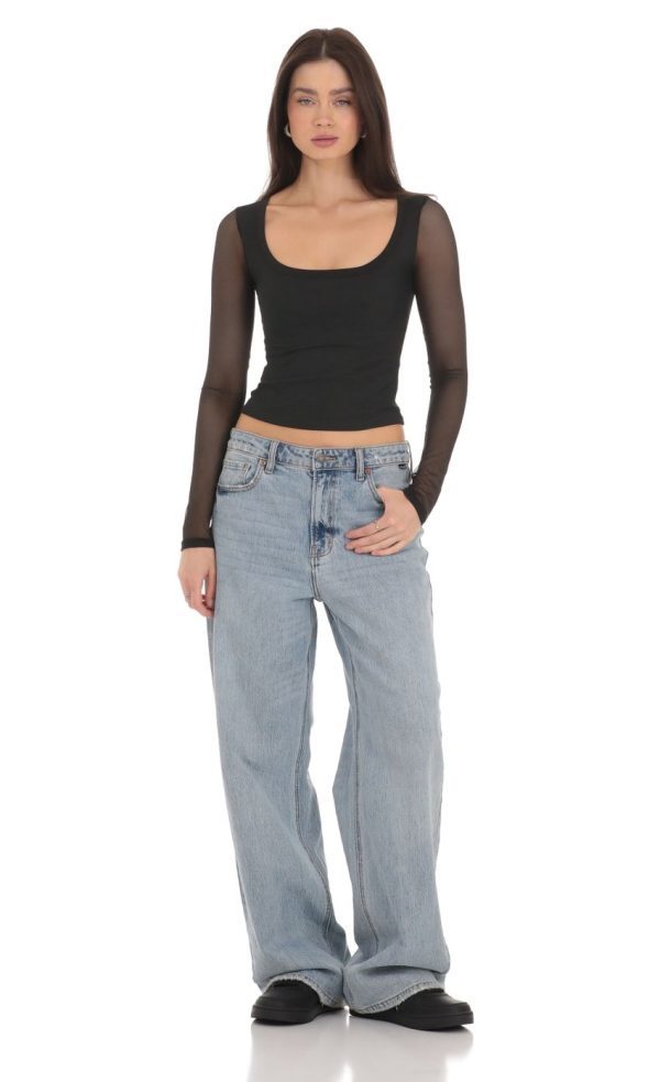 Mesh Scoop Long Sleeve Top in Black - Image 4
