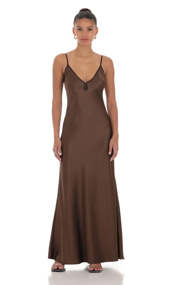 Satin Shift Maxi Dress in Brown - Image 2