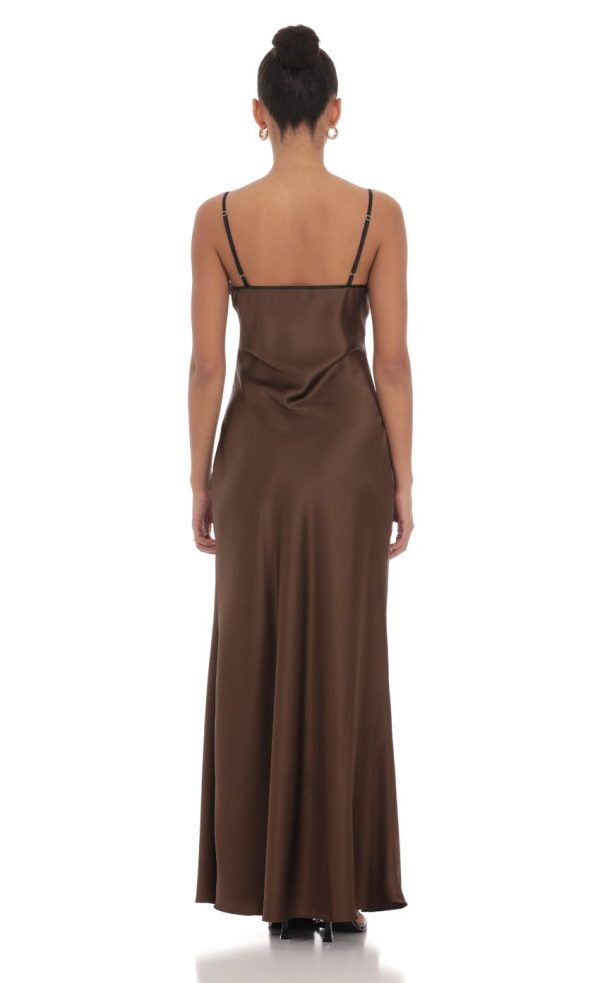 Satin Shift Maxi Dress in Brown - Image 3