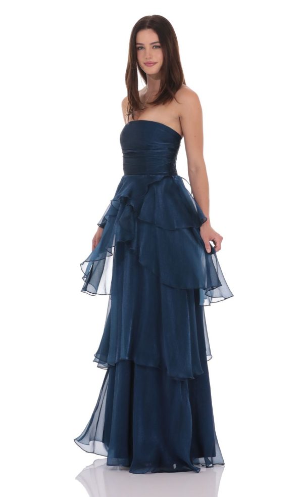 Corset Petal Ruffle Strapless Maxi Dress in Navy - Image 3