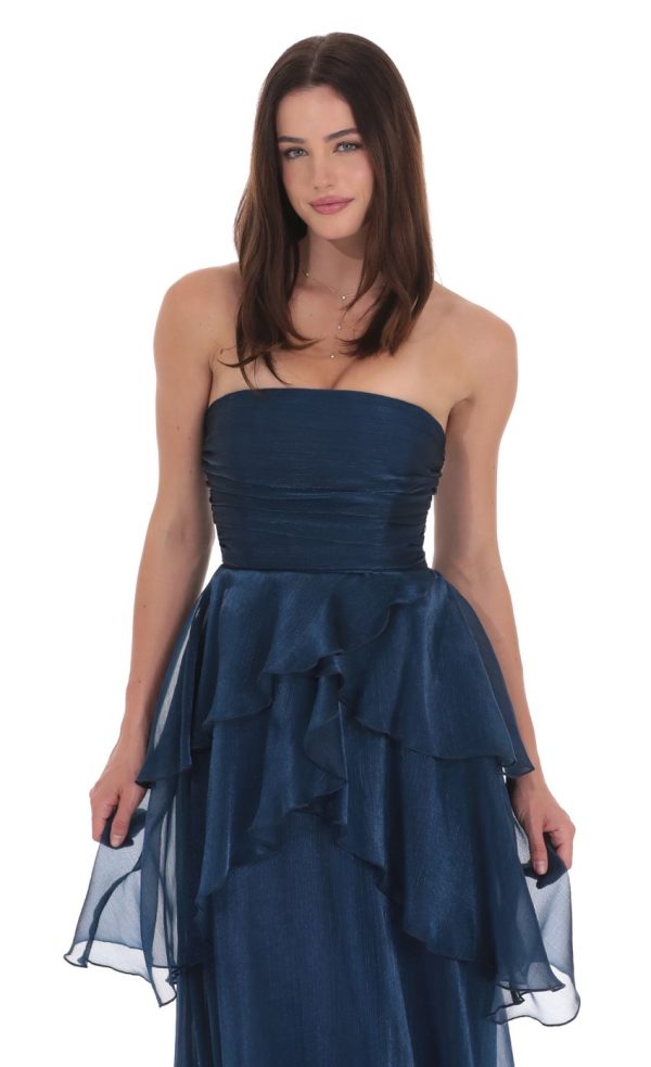 Corset Petal Ruffle Strapless Maxi Dress in Navy - Image 4