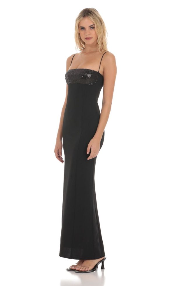 Sequin Square Neck Maxi Dress in Black - Image 3
