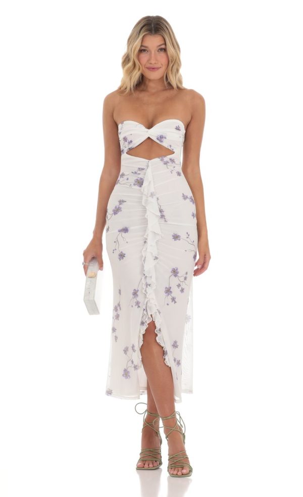 Mesh Floral Cutout Midi Dress in White