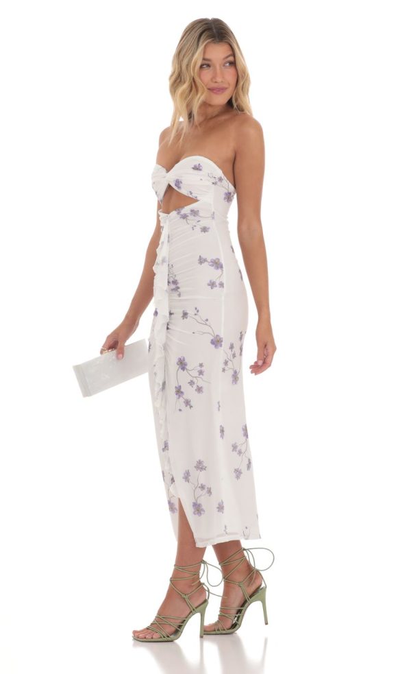 Mesh Floral Cutout Midi Dress in White - Image 3