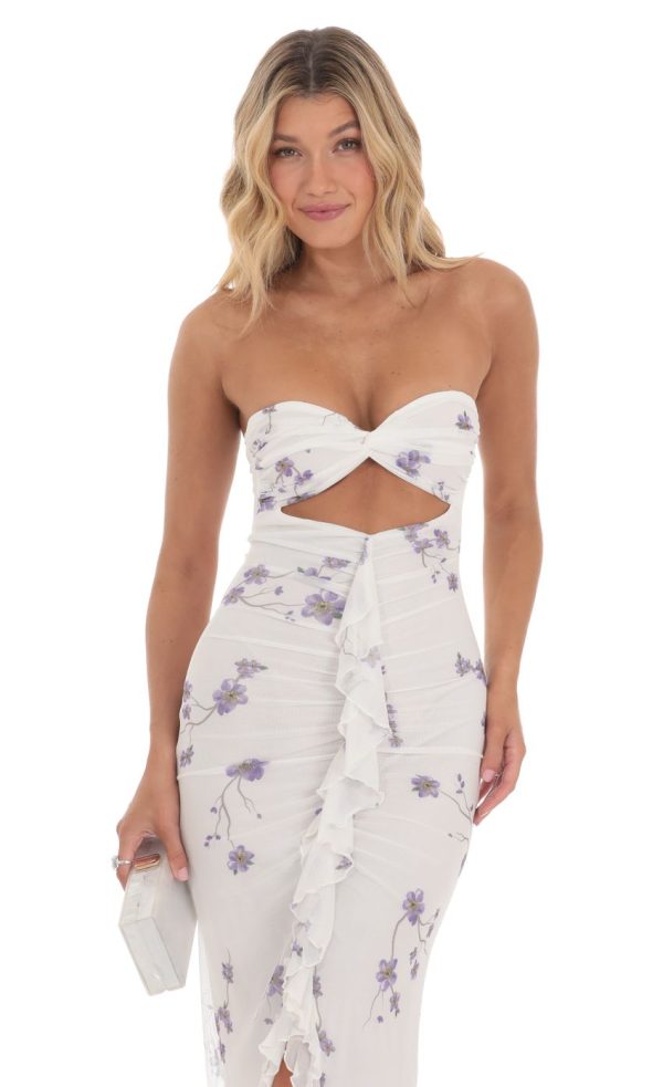 Mesh Floral Cutout Midi Dress in White - Image 4