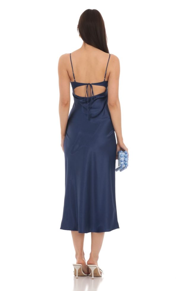 Satin Open Back Midi Dress in Navy - Image 2