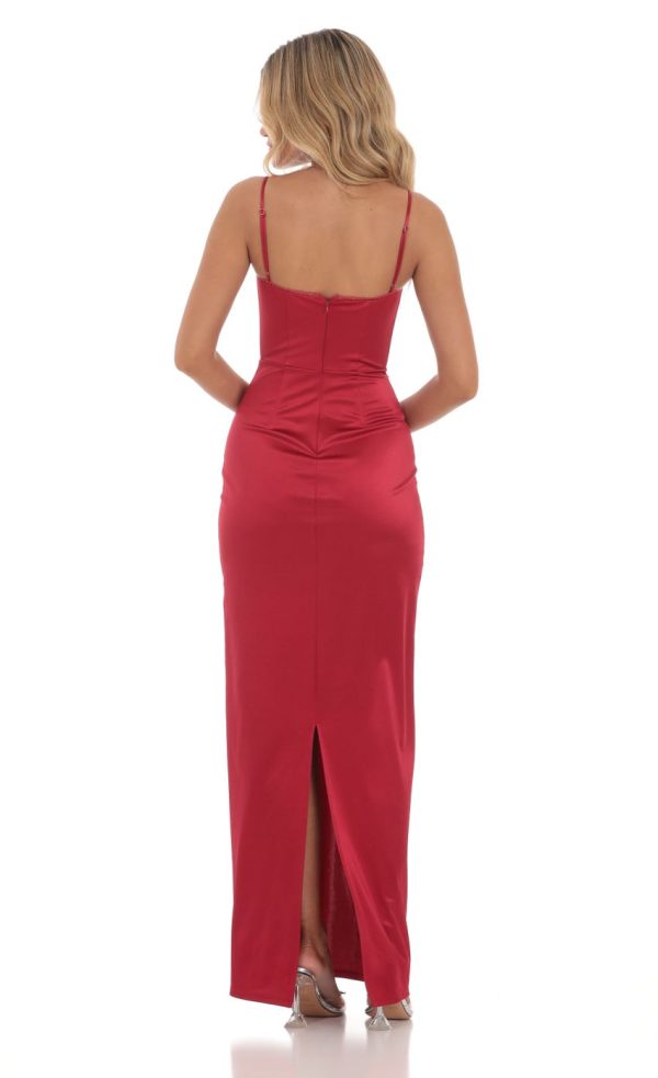 Satin Bodycon Maxi Dress in Red - Image 2