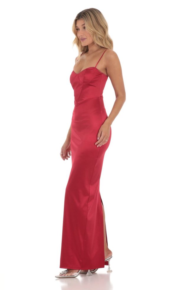 Satin Bodycon Maxi Dress in Red - Image 3