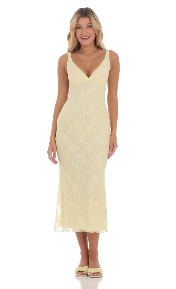 Open Back Lace Midi Dress in Yellow