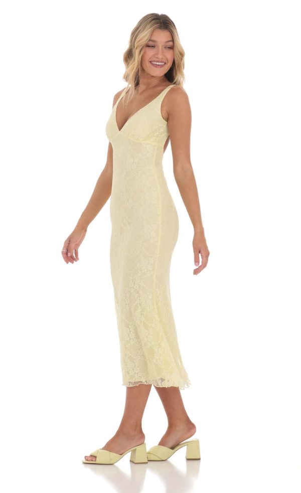 Open Back Lace Midi Dress in Yellow - Image 3