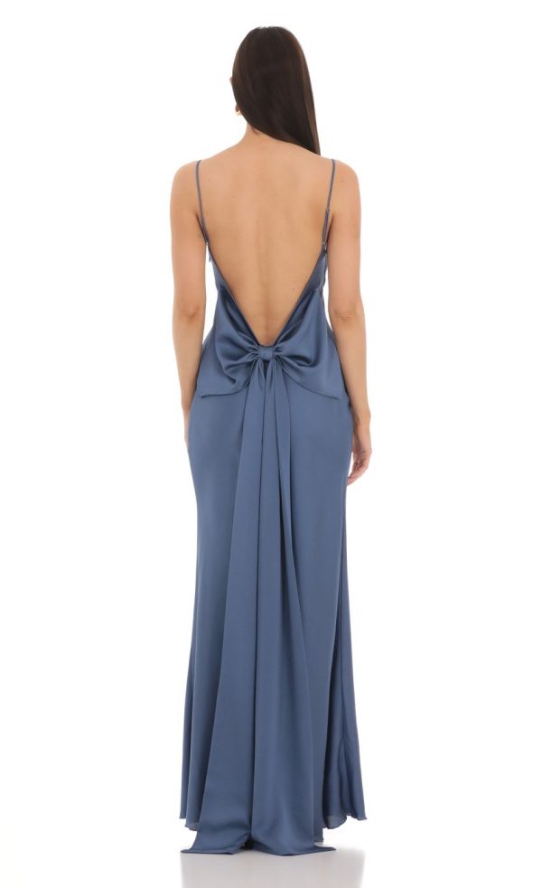 Back Bow Satin Dress in Navy