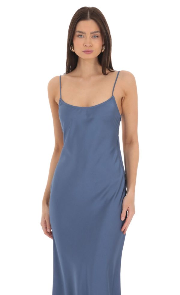 Back Bow Satin Dress in Navy - Image 4