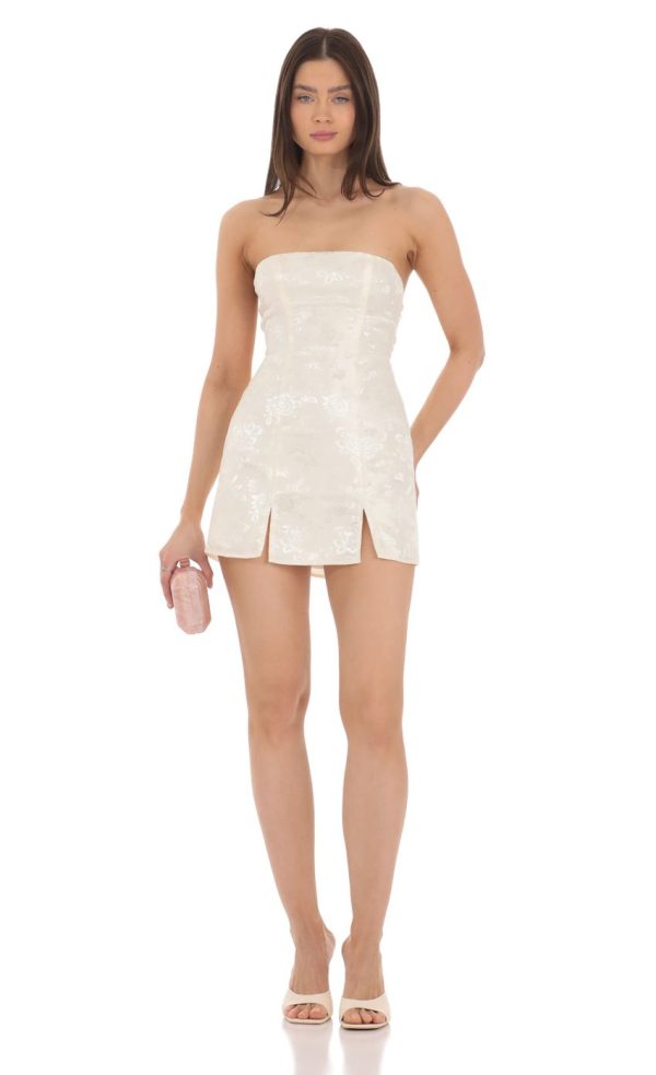 Jacquard Back Bow Strapless Dress in Cream - Image 4