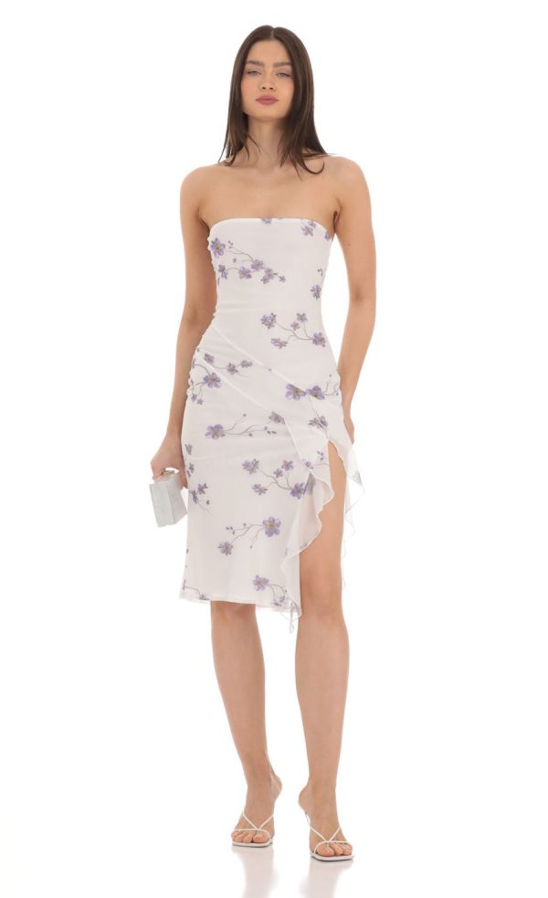 Mesh Floral Midi Dress in White