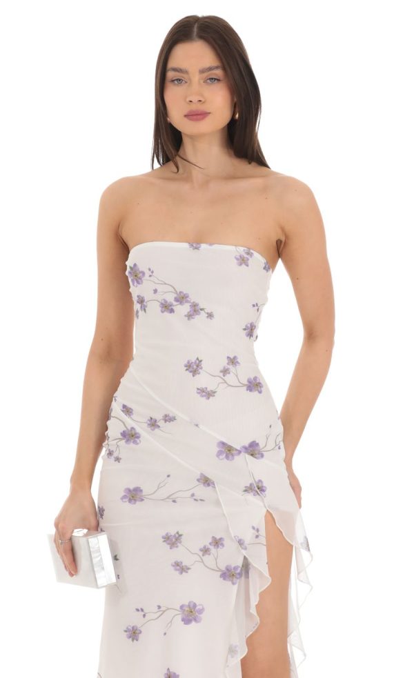 Mesh Floral Midi Dress in White - Image 4