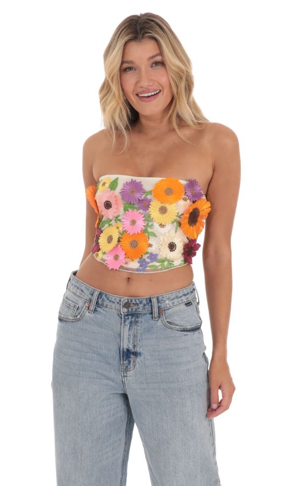 3-D Flower Strapless Top in Cream