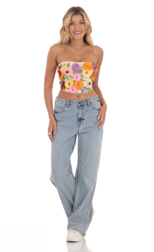 3-D Flower Strapless Top in Cream - Image 4