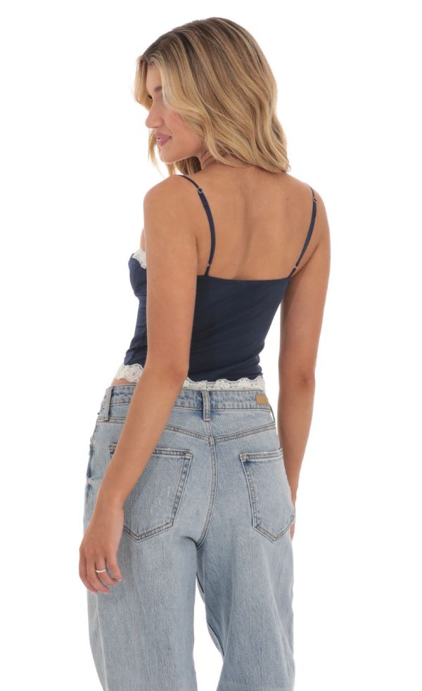 Lace Trim Top in Navy - Image 2